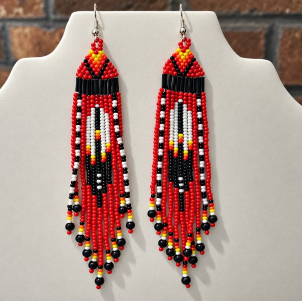 Bead Fringe Earrings Classic Geometric Design in Brown White & Yellow
